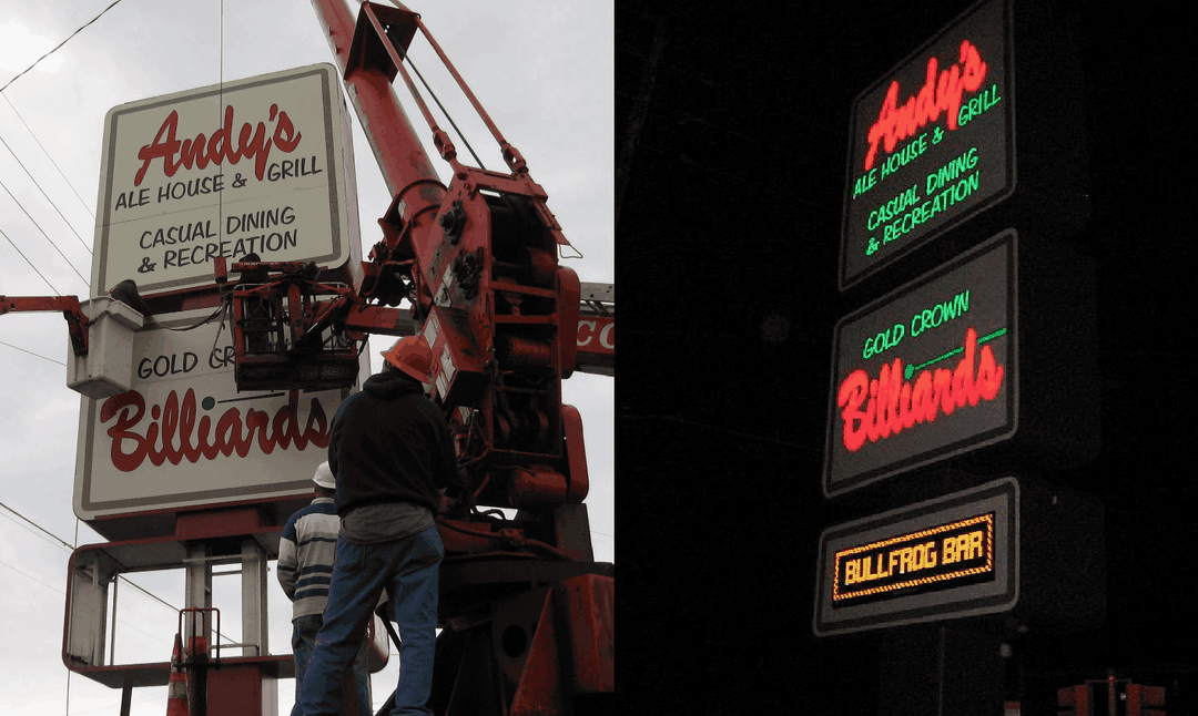 The Peach Street sign going up — Andy's, Gold Crown Billiards, and Bullfrog Bar